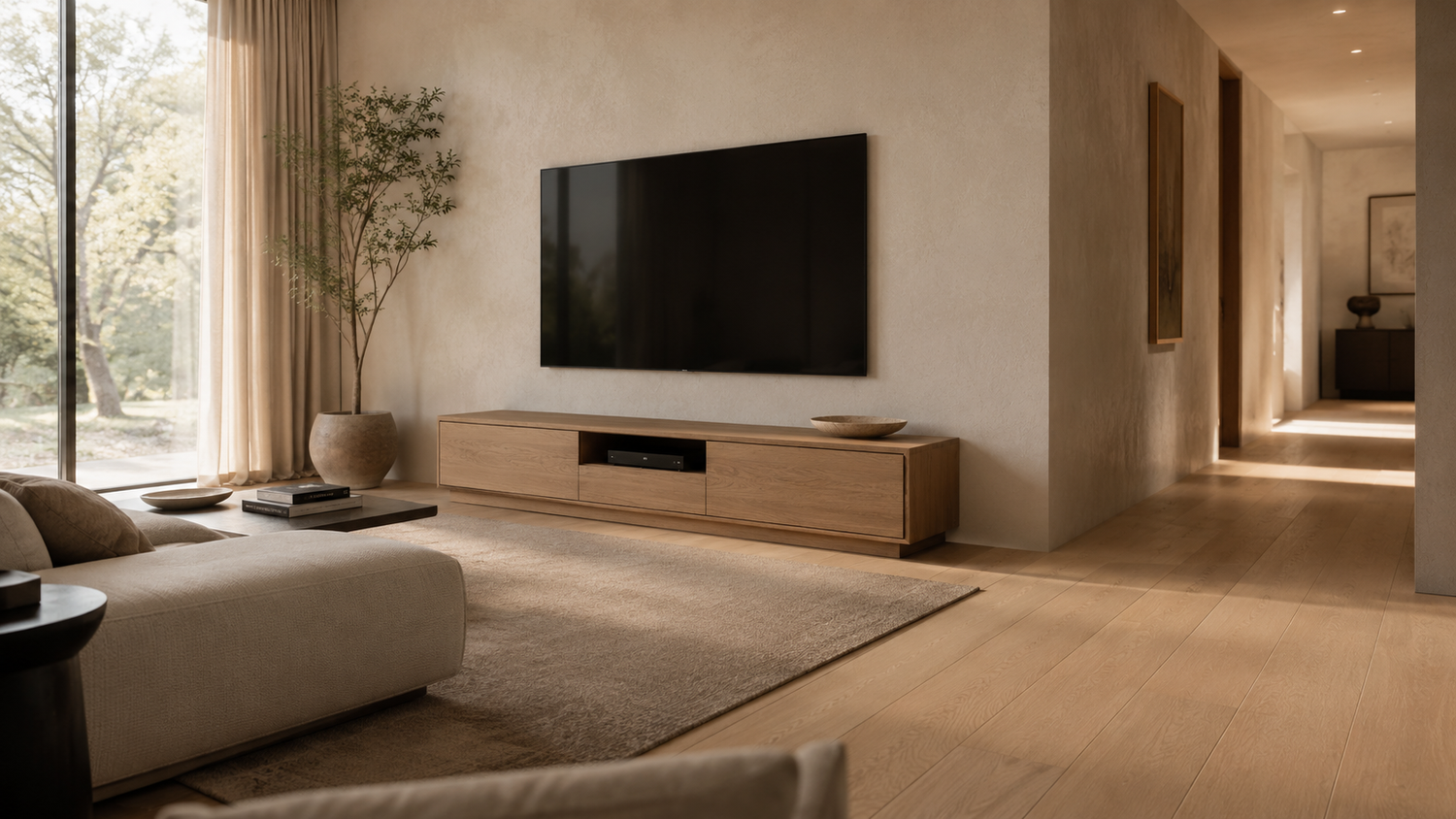How deep should a TV stand be? Luxury living room showing proper TV console depth, walkway clearance, and electronics airflow space