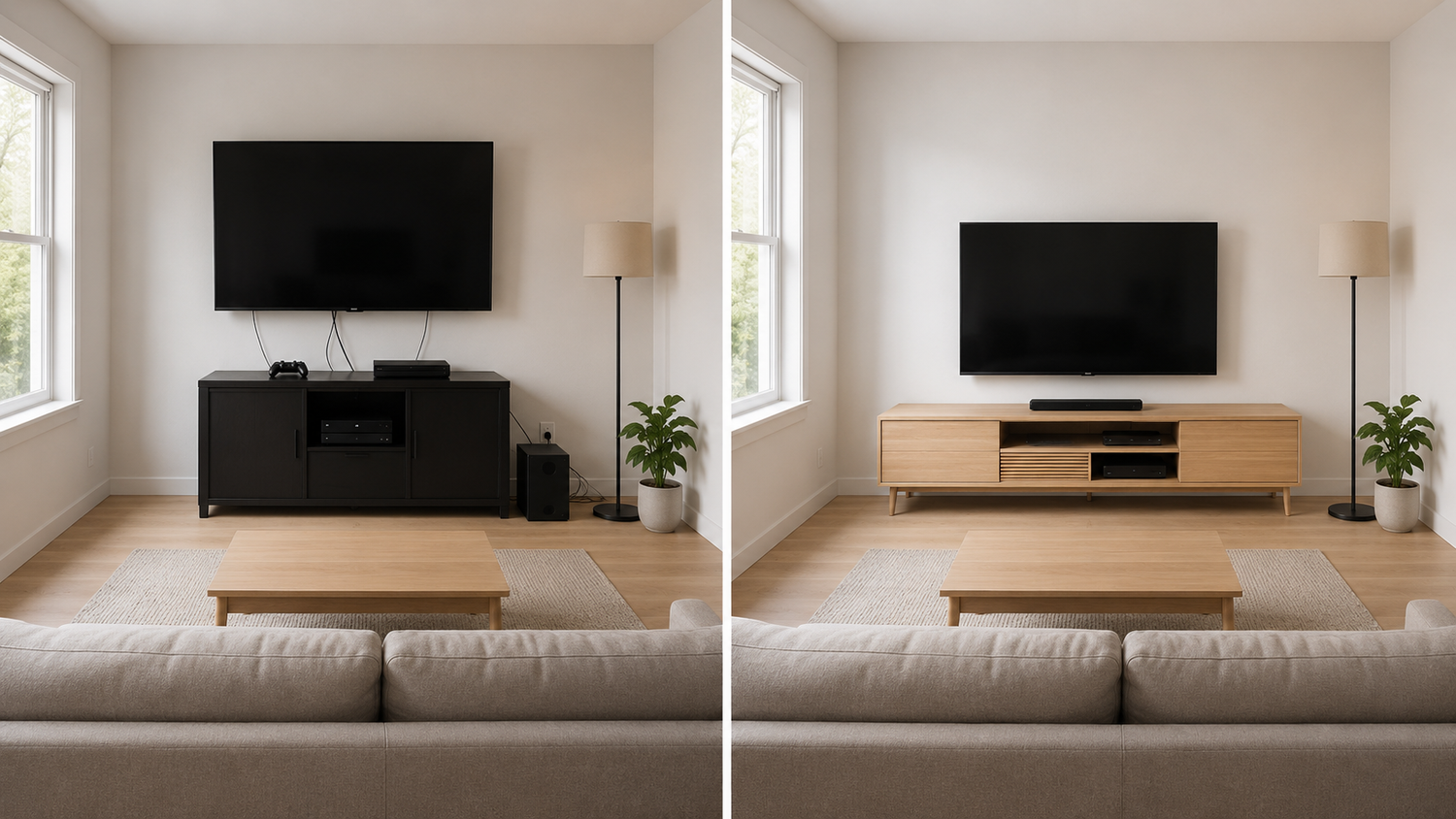 Comparison of poorly planned and properly designed TV stand layouts showing differences in media console proportions, cable organization, visual balance, and living room flow
