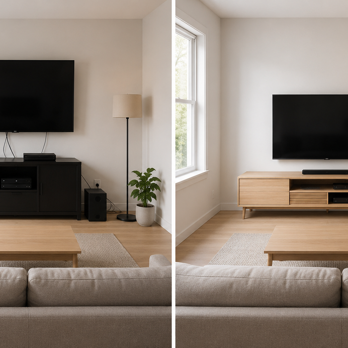 Comparison of poorly planned and properly designed TV stand layouts showing differences in media console proportions, cable organization, visual balance, and living room flow
