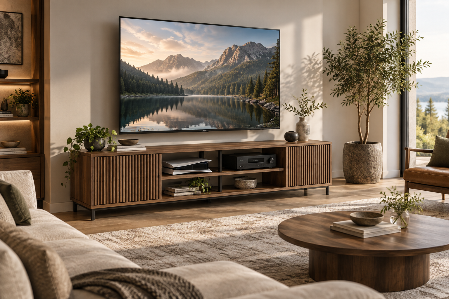 Ventilated wood TV stand with slatted doors and open shelves for console and media electronics airflow