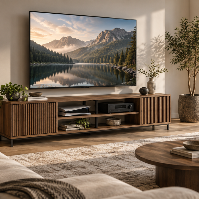Ventilated wood TV stand with slatted doors and open shelves for console and media electronics airflow