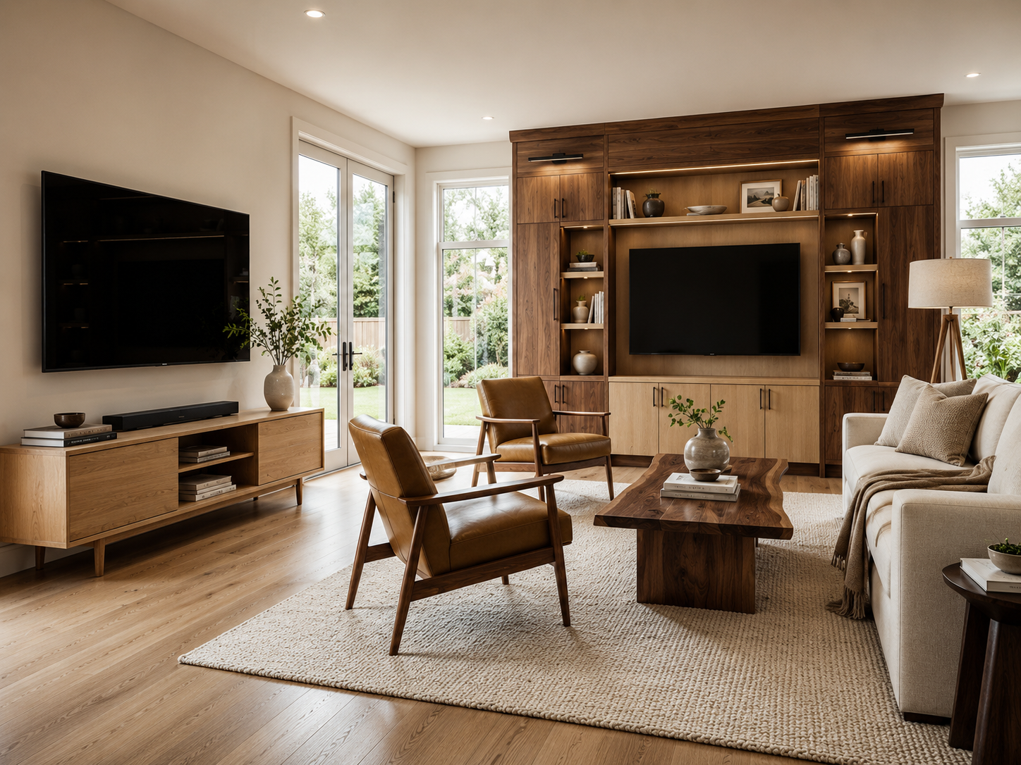 TV stand vs entertainment center comparison in a luxury living room showing differences in storage, size, and room layout