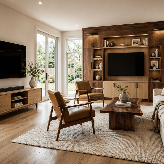 TV stand vs entertainment center comparison in a luxury living room showing differences in storage, size, and room layout