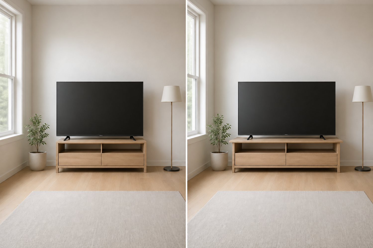 what size tv stand do i need for 65 and 77 inch tv correct vs too small stand width comparison