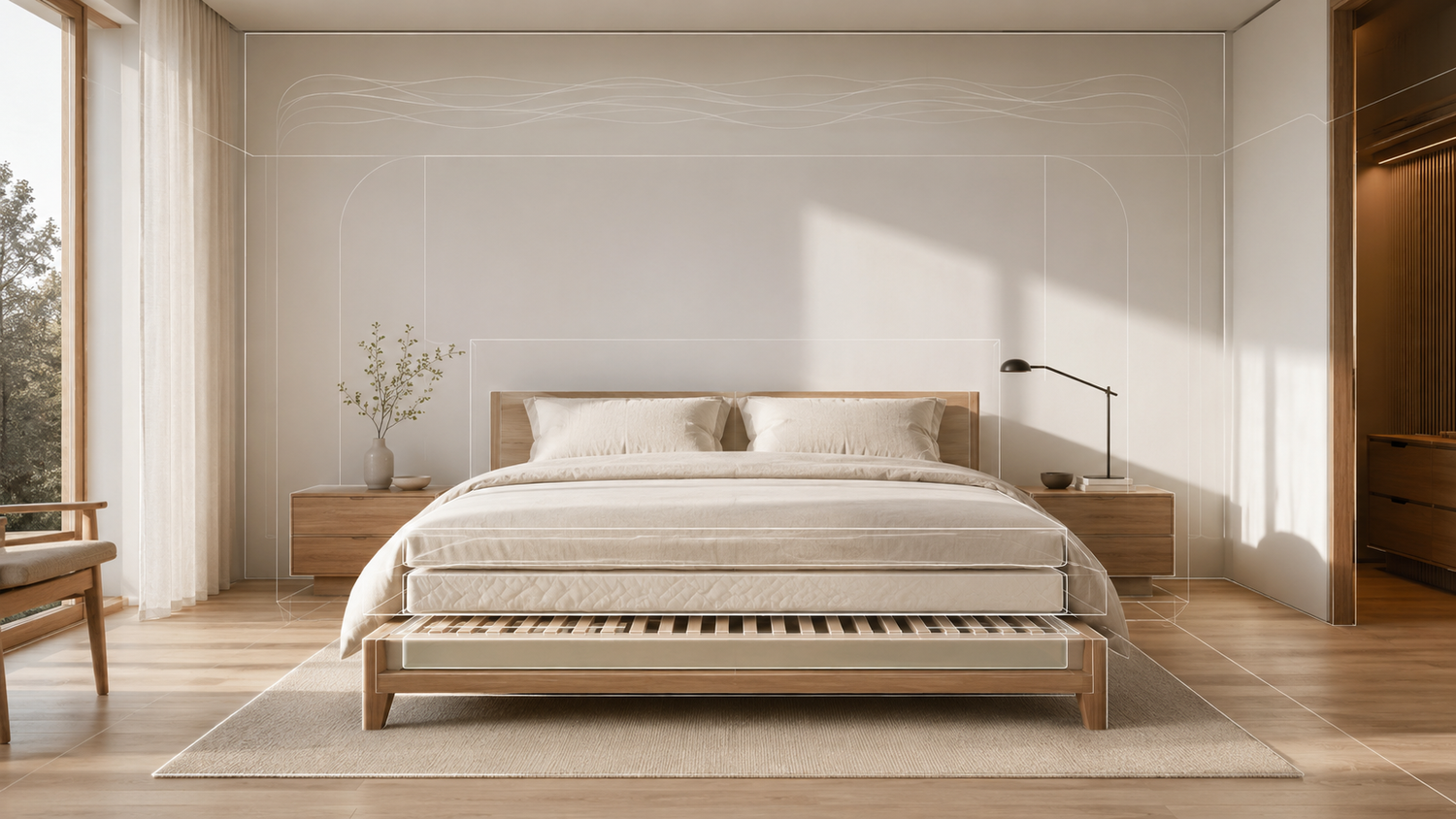 Unified bedroom sleep system showing how the pillow, mattress, bed frame, bedding, and bedroom environment affect sleep quality and morning soreness