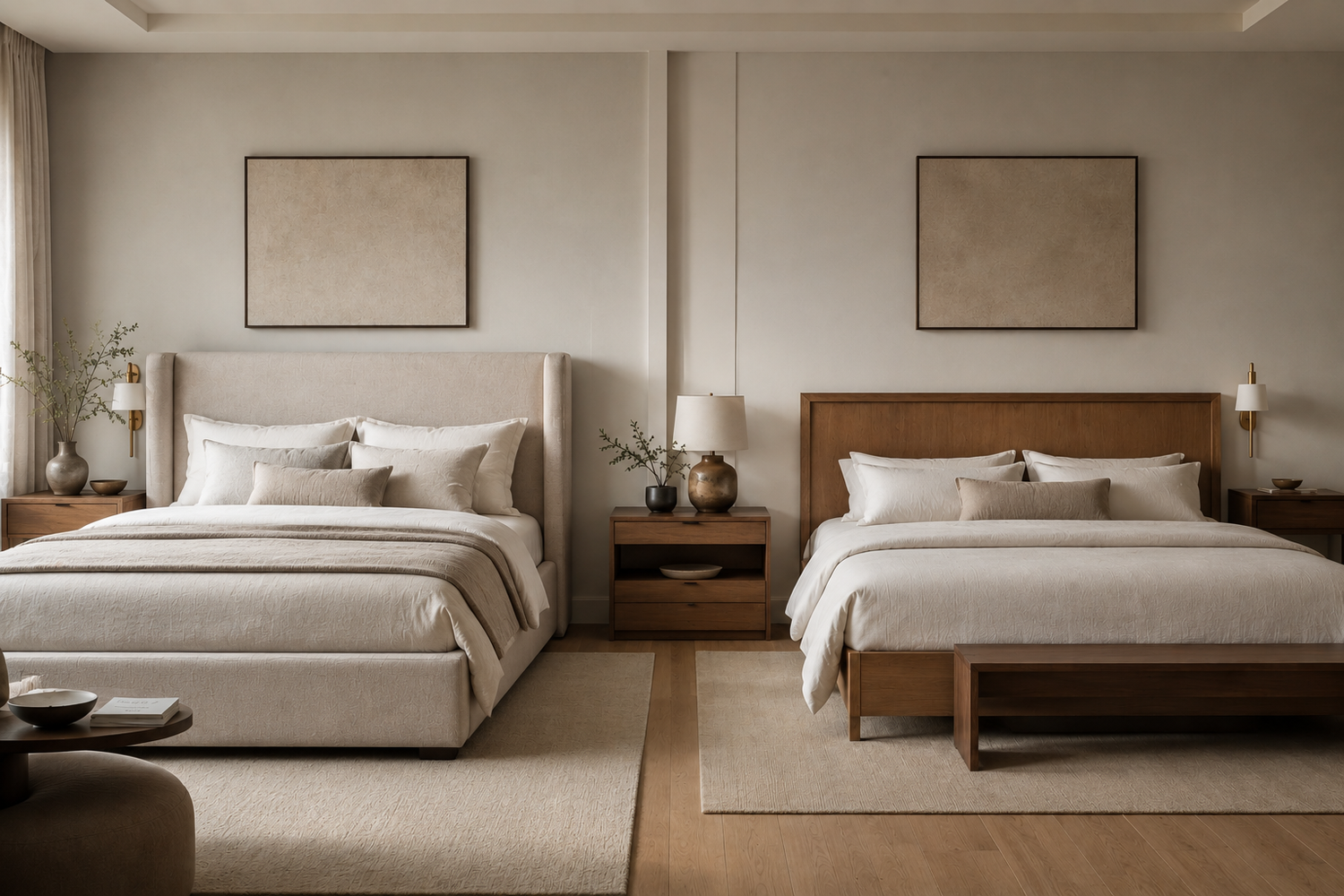 Upholstered vs wood headboard comparison showing comfort, cleaning, style, durability, and long-term value in a contemporary bedroom