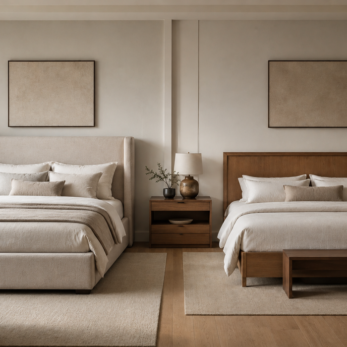 Upholstered vs wood headboard comparison showing comfort, cleaning, style, durability, and long-term value in a contemporary bedroom