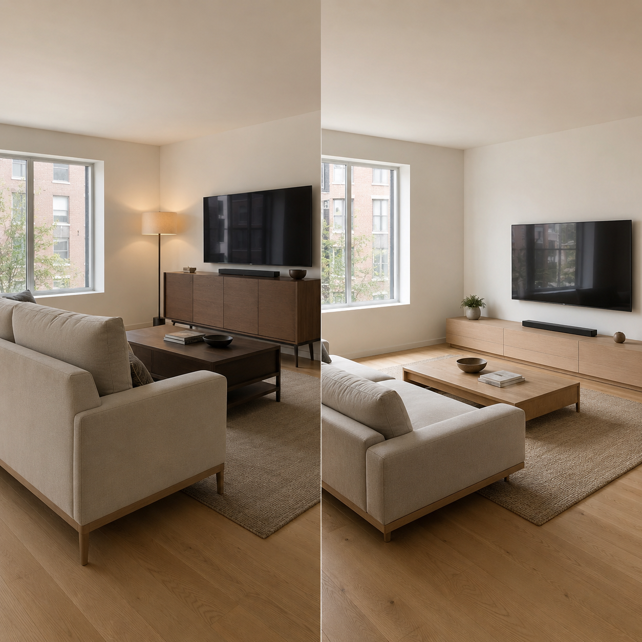 Living room comparison showing how aligned furniture heights create a calmer visual flow while staggered heights make the space feel visually crowded