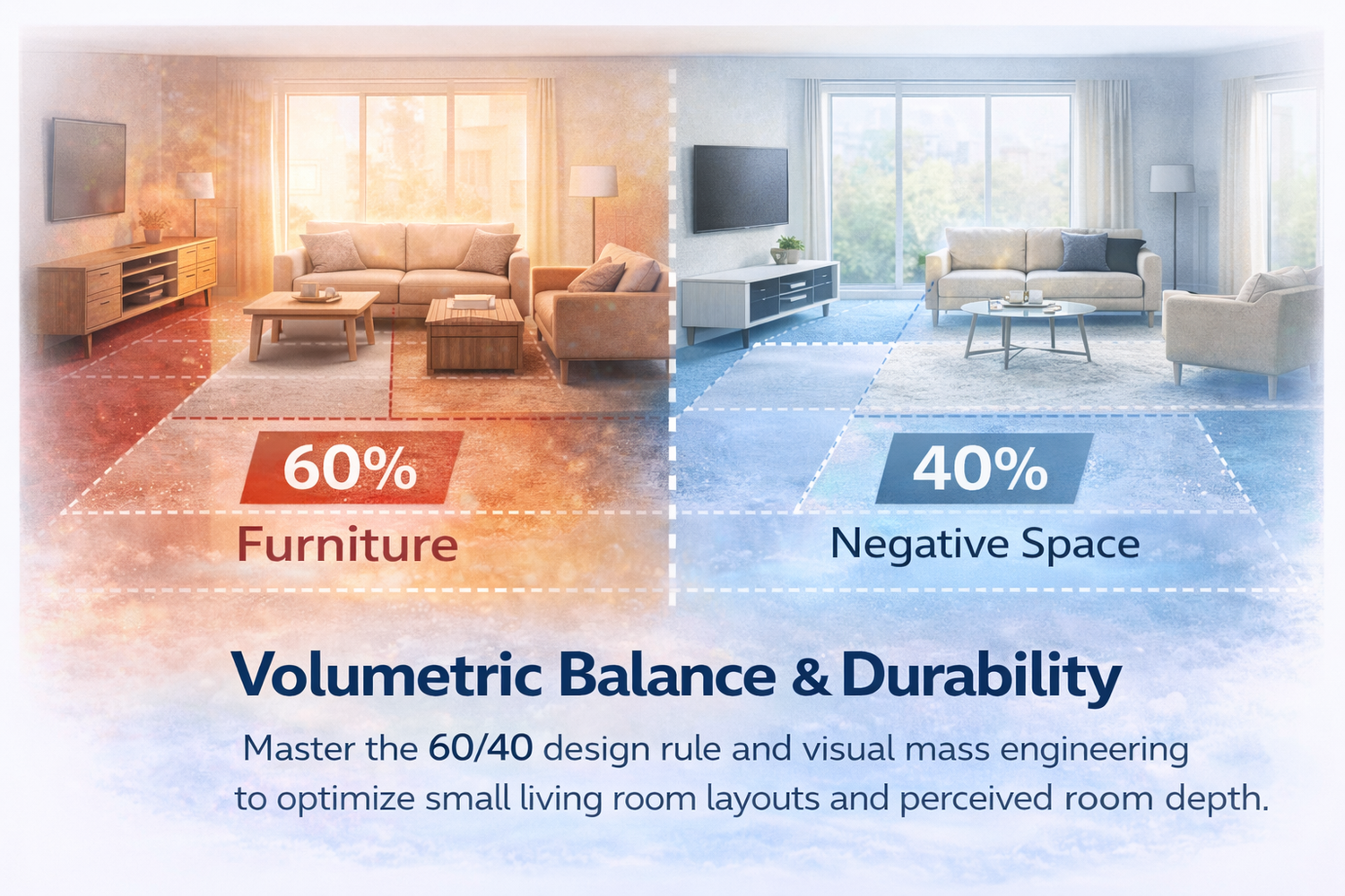 Split living room comparison showing 60% furniture vs 40% open space, demonstrating how negative space makes a room feel larger and less crowded