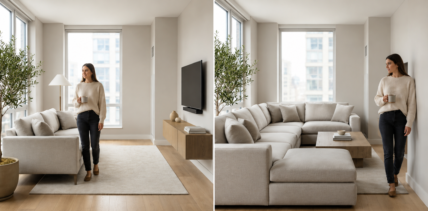Small apartment living room comparison showing comfortable open walkway with properly scaled sofa versus cramped layout caused by an oversized sectional