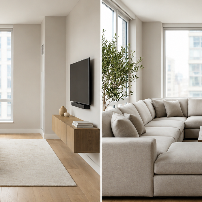 Small apartment living room comparison showing comfortable open walkway with properly scaled sofa versus cramped layout caused by an oversized sectional