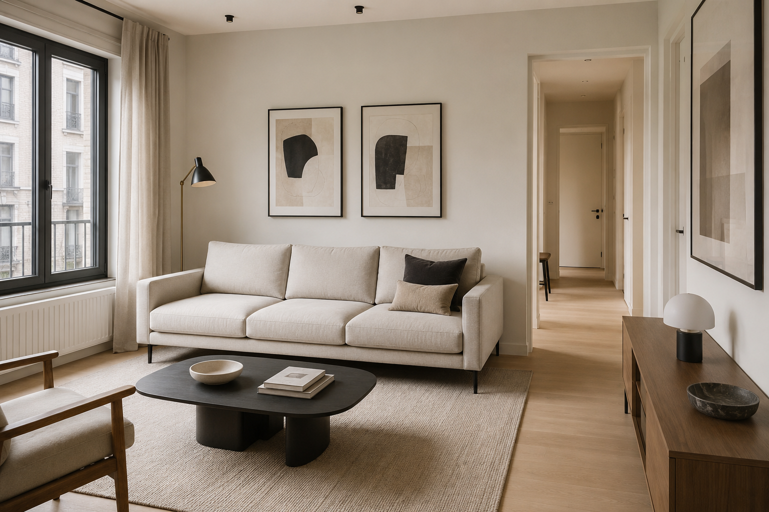 What size sofa fits a living room while preserving walkway space, coffee table clearance, and balanced furniture scale