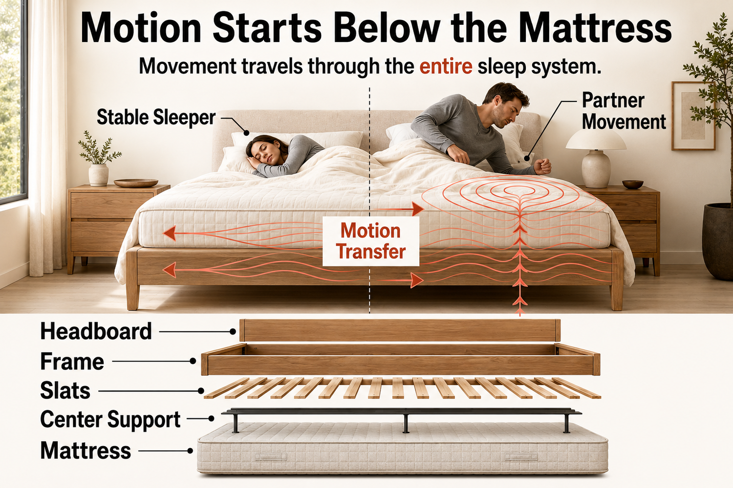 Bed shaking when a partner moves, showing motion transfer through the mattress, bed frame, slats, and center support.