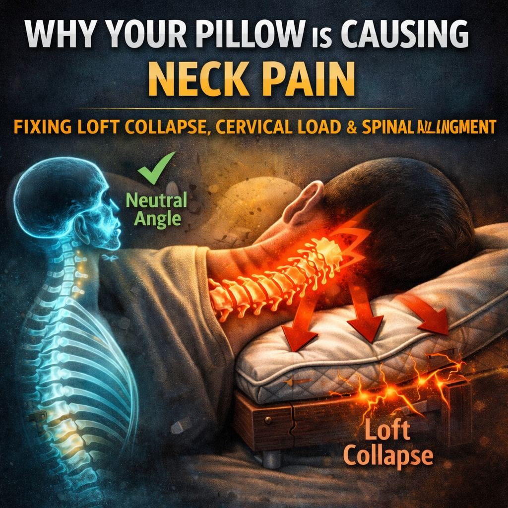 Why your pillow causes neck pain: side-by-side visual showing proper neck alignment vs pillow collapse and spinal strain