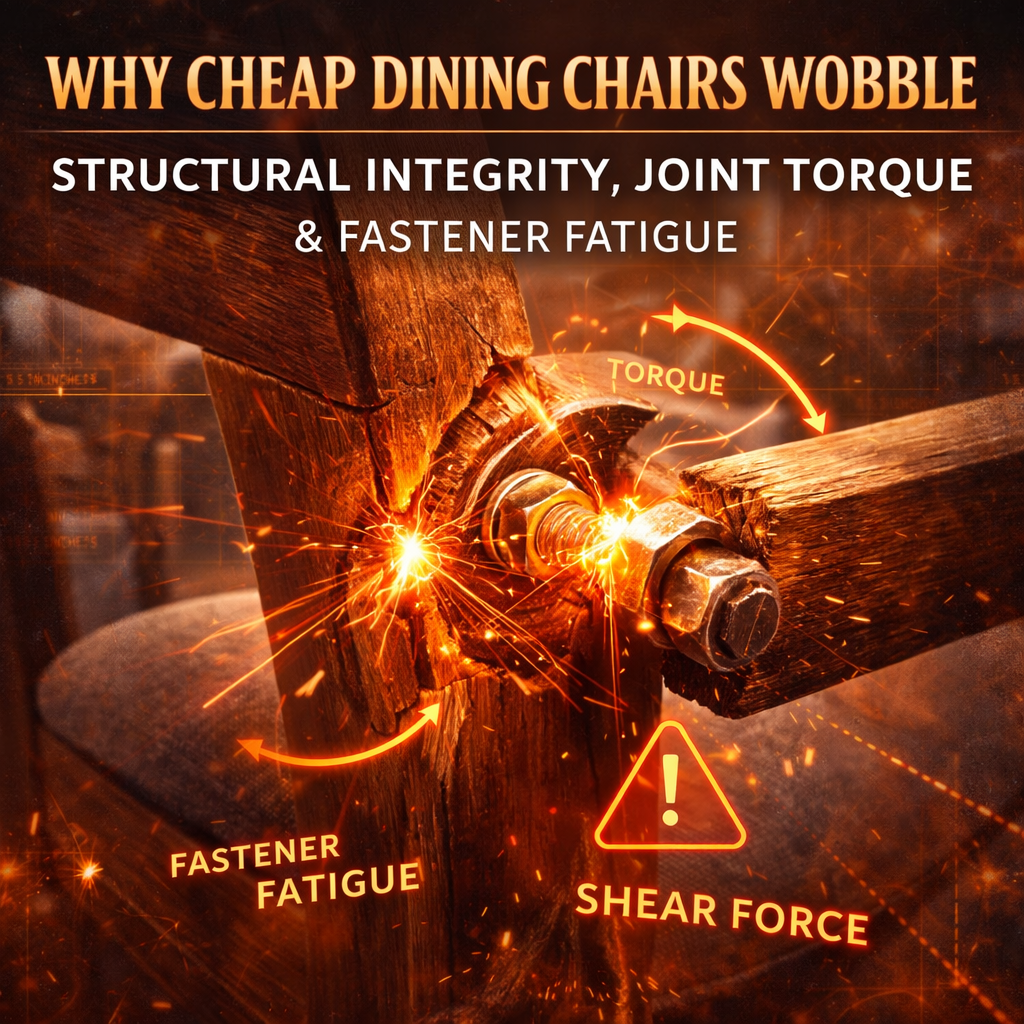 Dining chair joint failure showing torque, shear force, and fastener fatigue causing wobble in wooden chair frame under stress