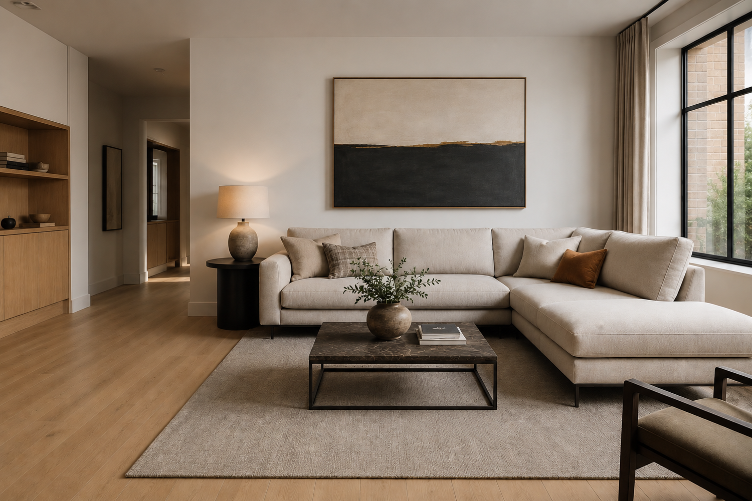 Modern sectional sofa layout with proper walkway clearance and chaise spacing in a beautifully designed living room