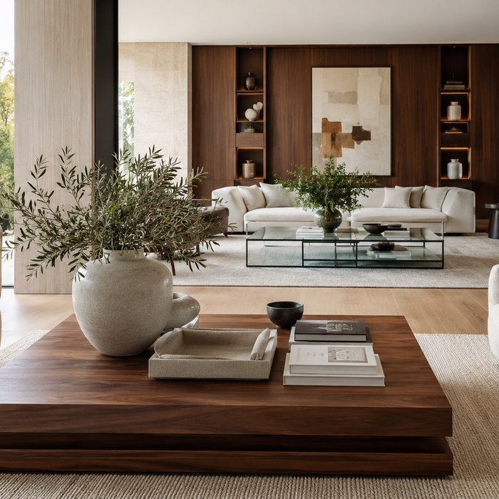 Wood coffee table in a modern living room, showing the warm visual weight of wood compared with a lighter glass coffee table in the background
