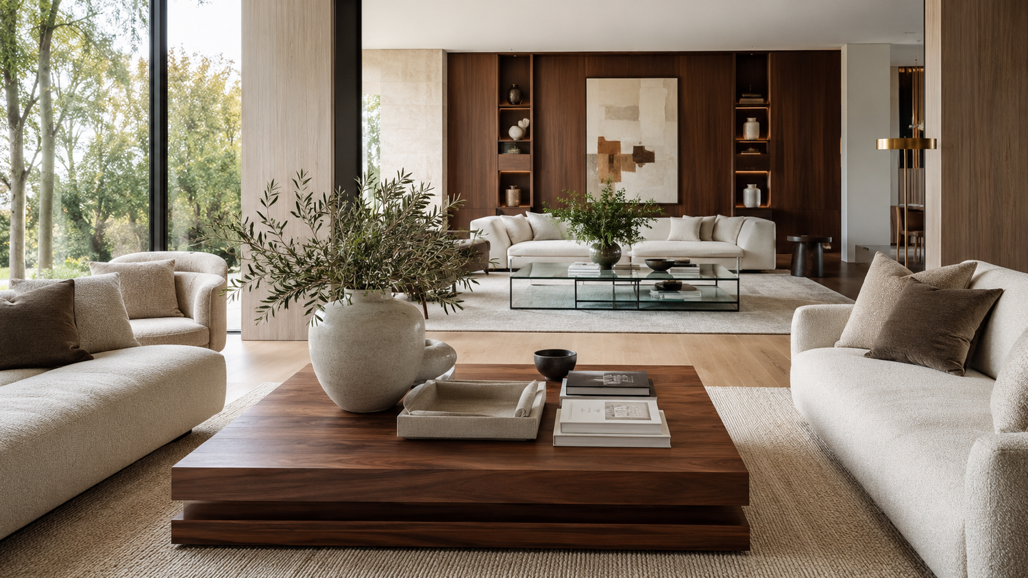 Wood vs glass coffee table comparison in a luxury contemporary living room featuring a solid wood coffee table and a tempered glass coffee table for modern home design.