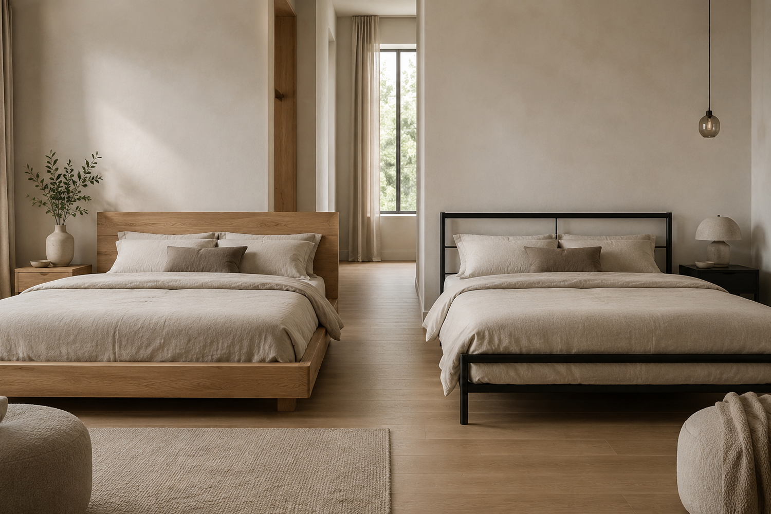 Wood vs metal bed frame comparison in a modern bedroom showing wood and metal bed frame styles
