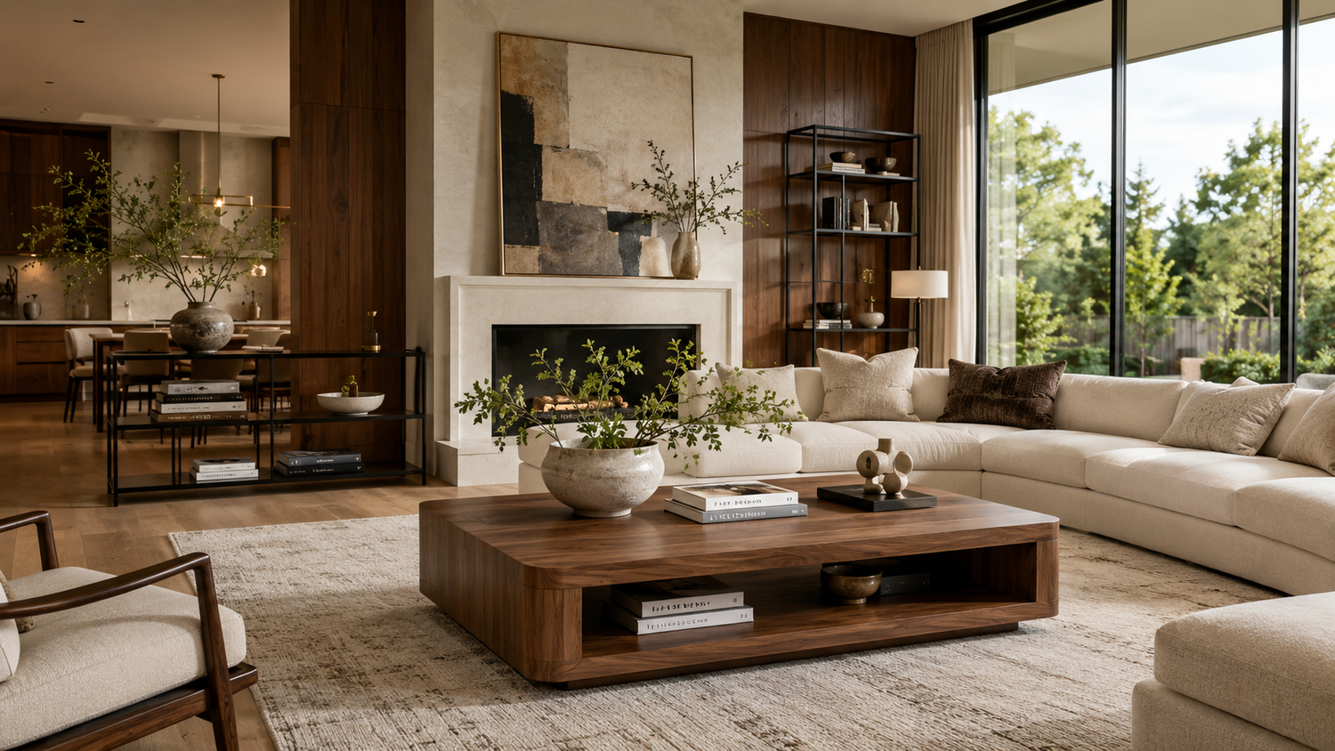 Wood vs metal coffee table comparison in a luxury living room showing warm walnut wood, sleek matte black metal, and modern interior design.