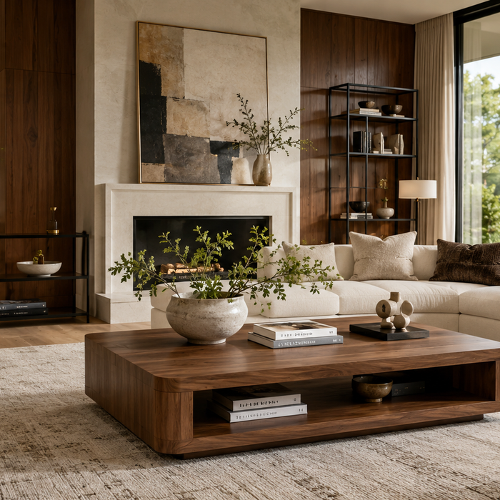 Wood vs metal coffee table comparison in a luxury living room showing warm walnut wood, sleek matte black metal, and modern interior design.