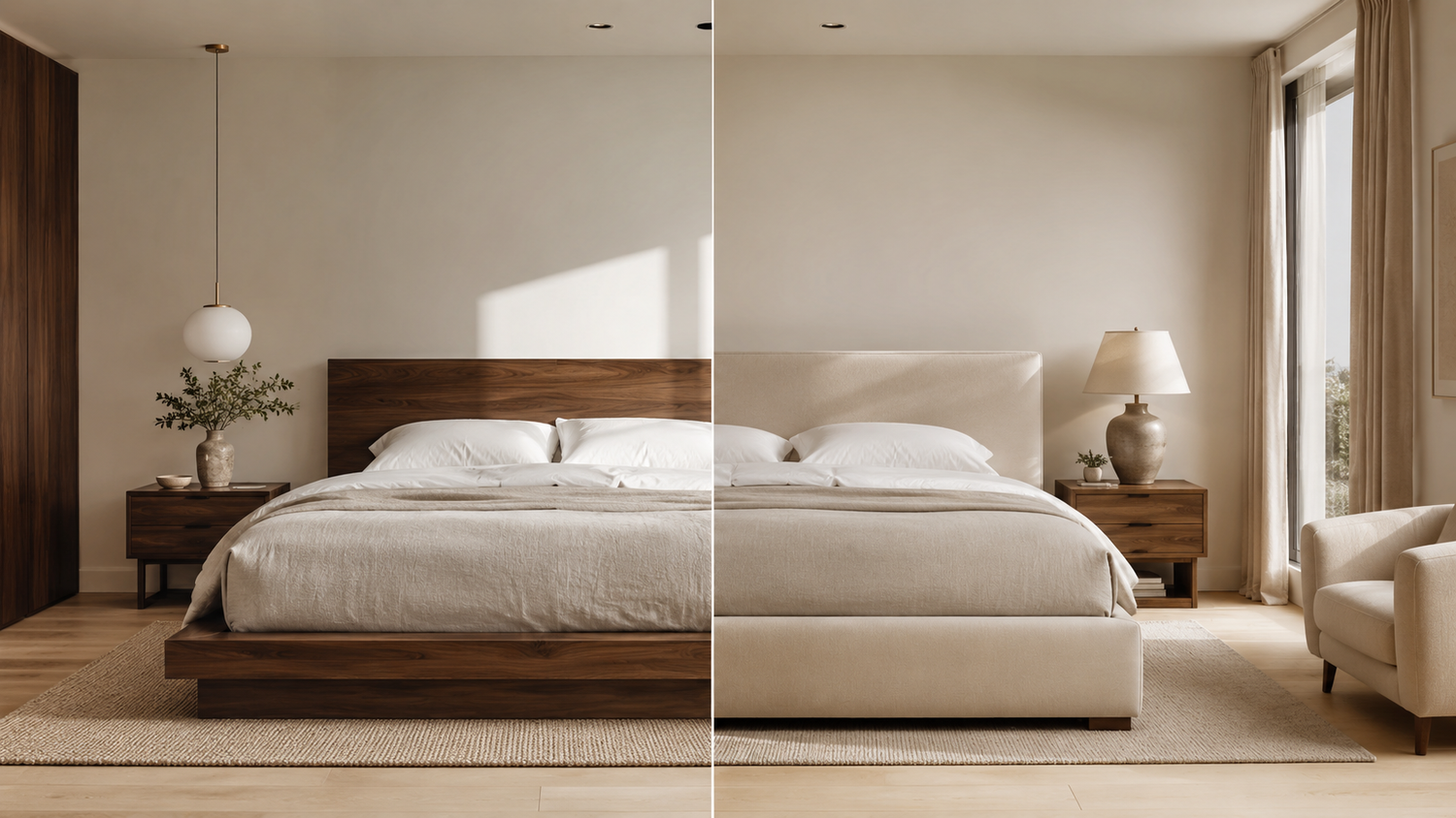 Wood vs upholstered bed frame comparison showing a natural wood platform bed and a fabric upholstered bed in a modern bedroom