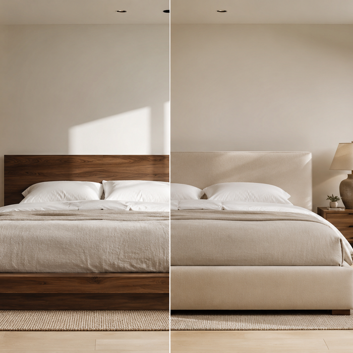 Wood vs upholstered bed frame comparison showing a natural wood platform bed and a fabric upholstered bed in a modern bedroom