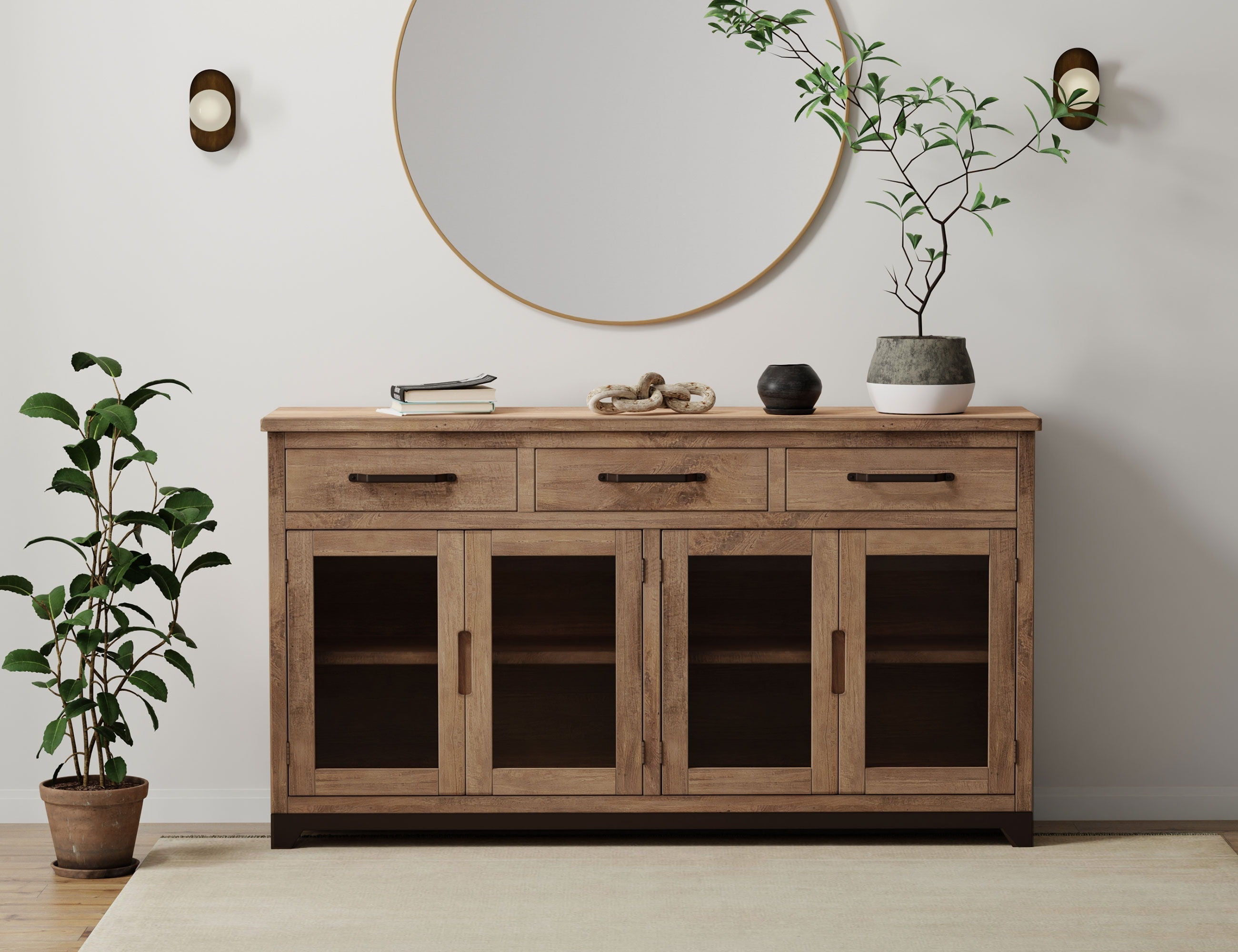 Natural Parota Console – 3 Drawers & 4 Glass Doors