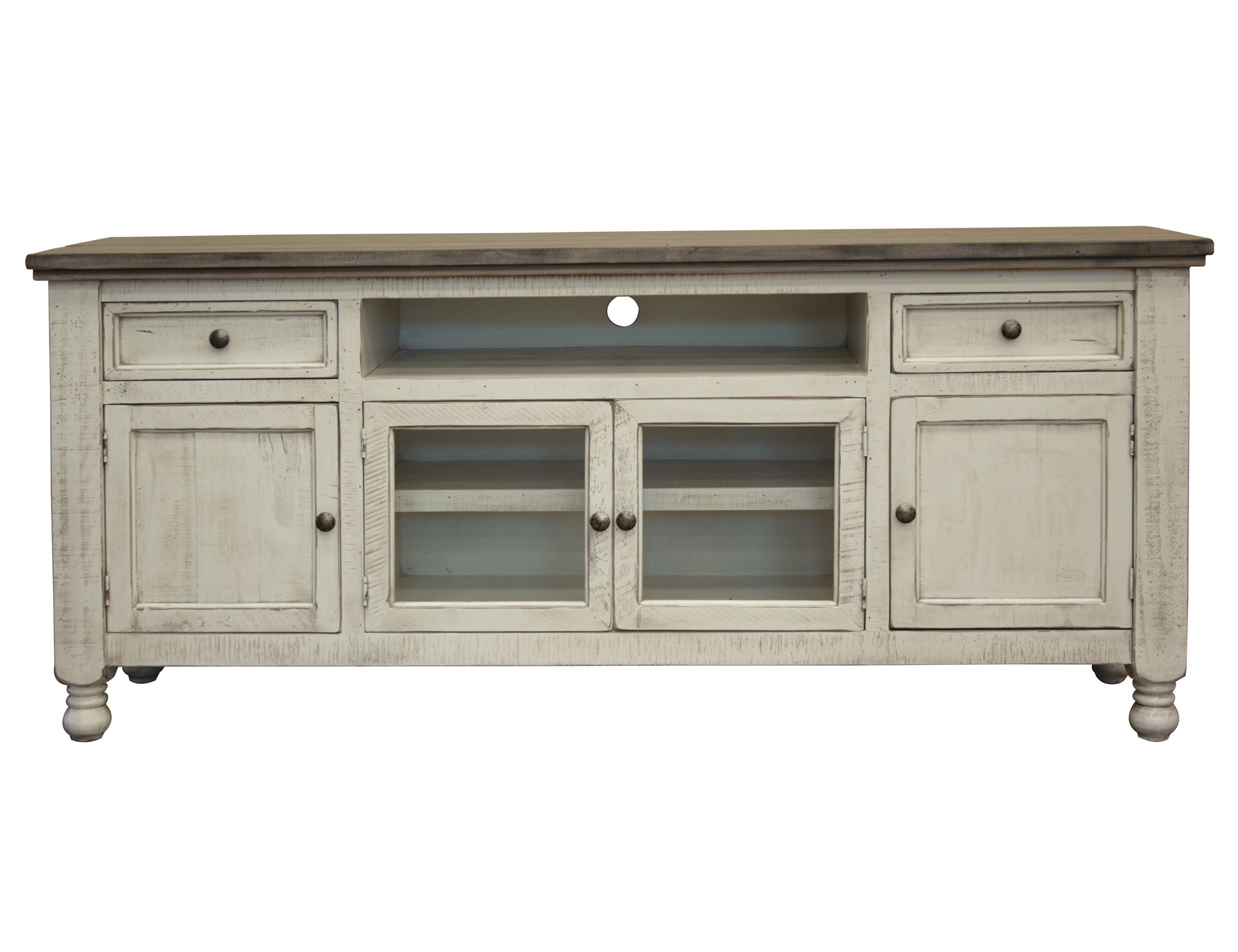 Stone TV Stand with 2 Drawers / 4 Doors – Antiqued Ivory