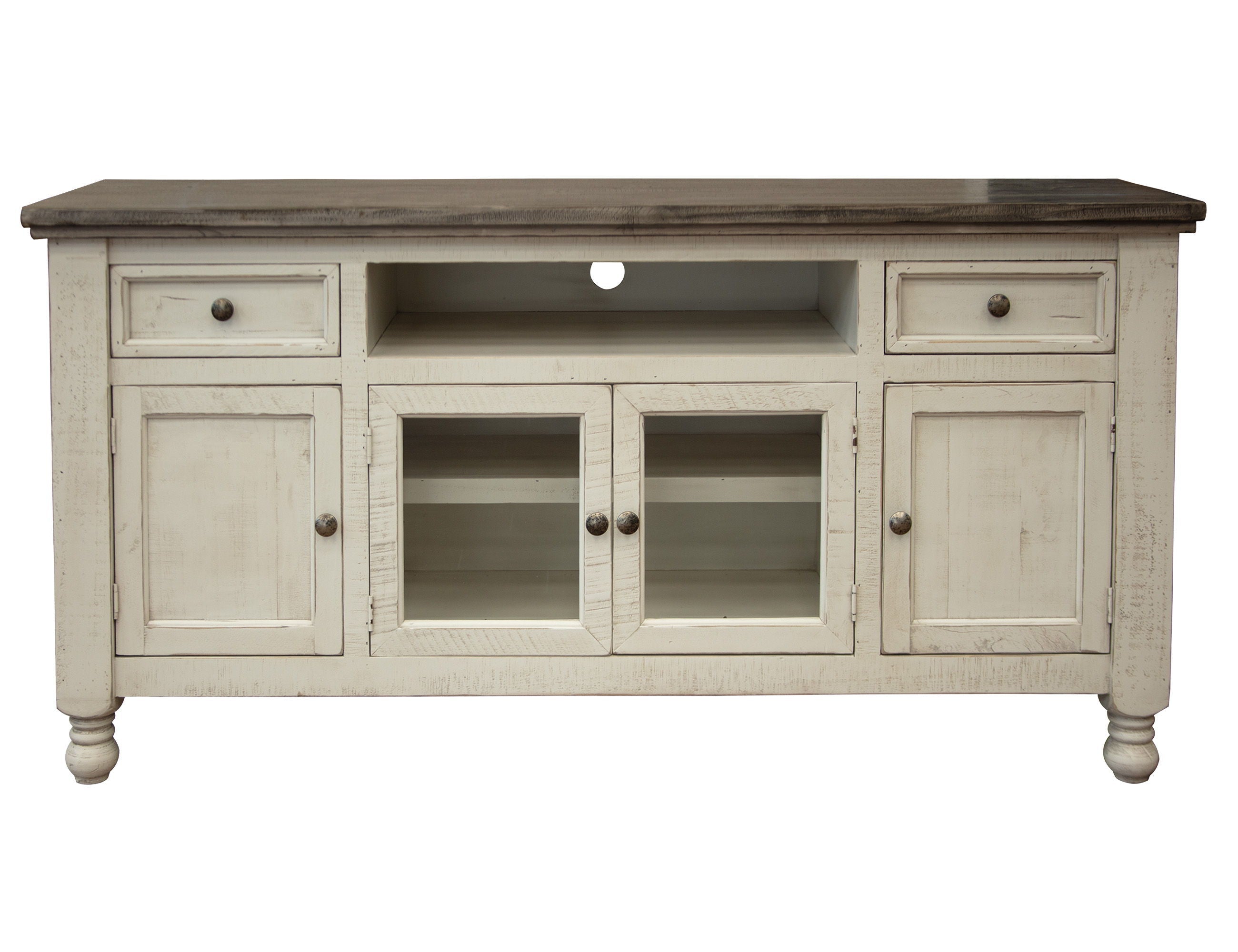 Stone TV Stand with 2 Drawers / 4 Doors – Antiqued Ivory