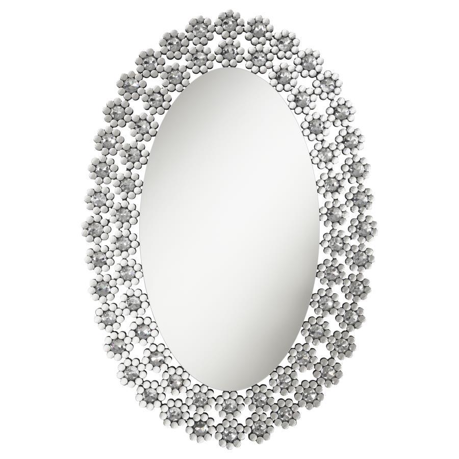 Colleen Oval Wall Mirror in Silver with Faux Crystal Blossoms