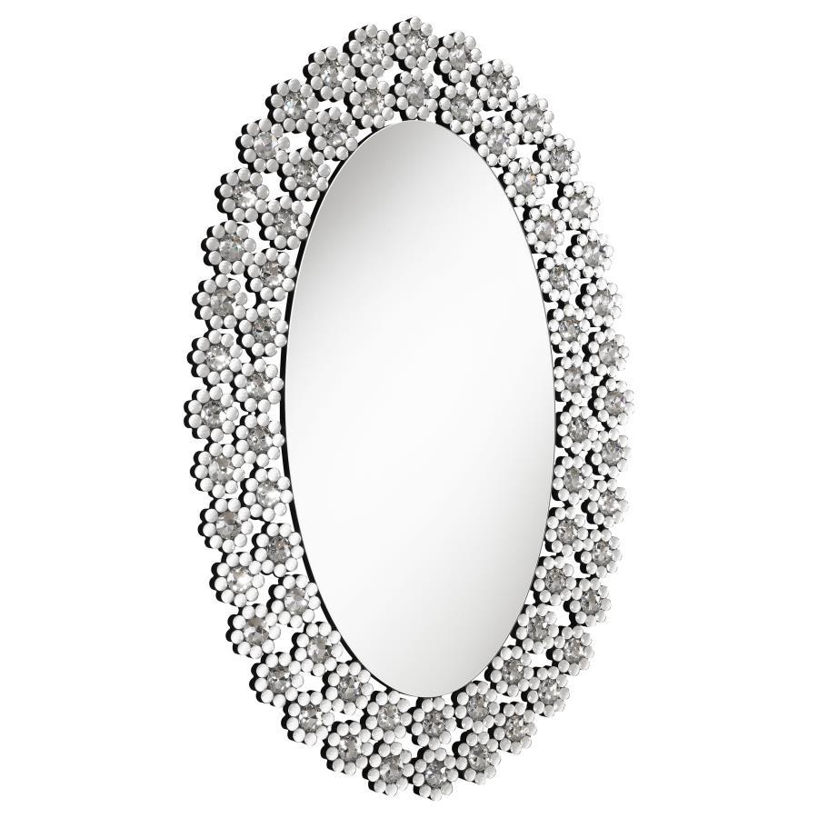 Colleen Oval Wall Mirror in Silver with Faux Crystal Blossoms