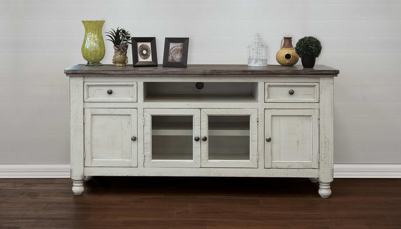 Stone TV Stand with 2 Drawers / 4 Doors – Antiqued Ivory