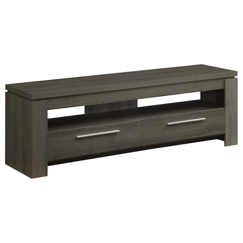 Contemporary 59-inch TV stand in weathered gray with two drawers and open media shelf