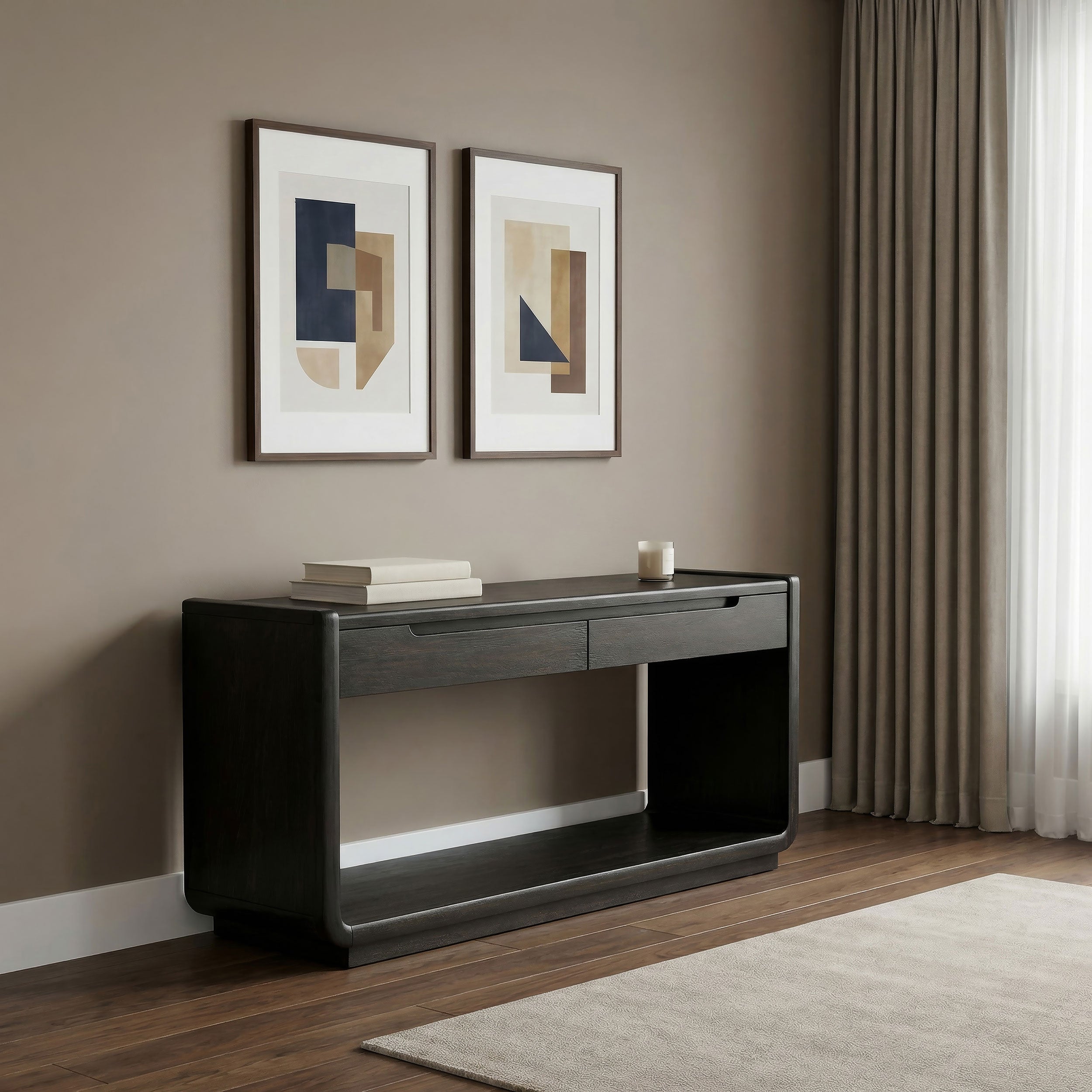 Leandro Modern Two-Drawer Burnished Black Ash Veneer Sofa Console Table