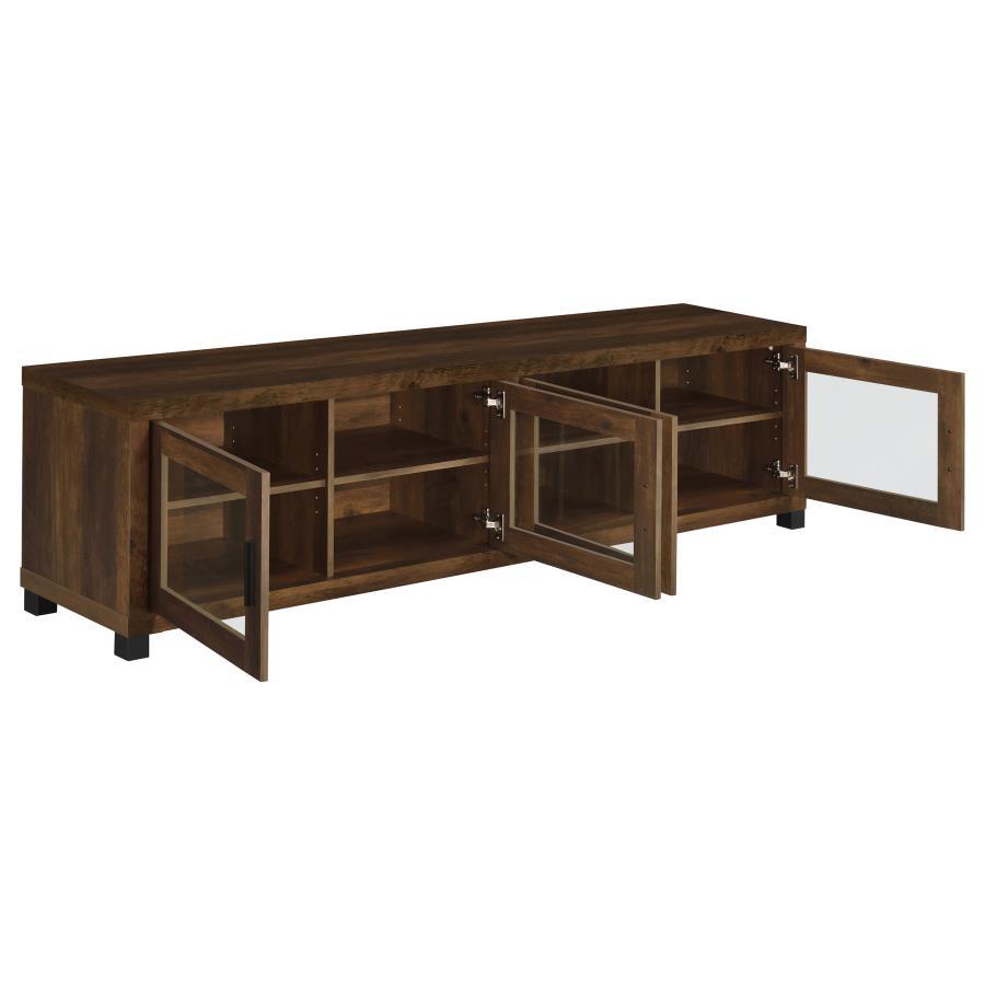 Angled view of the dark wood Sachin 4-door TV stand with cabinet doors open to show internal storage.