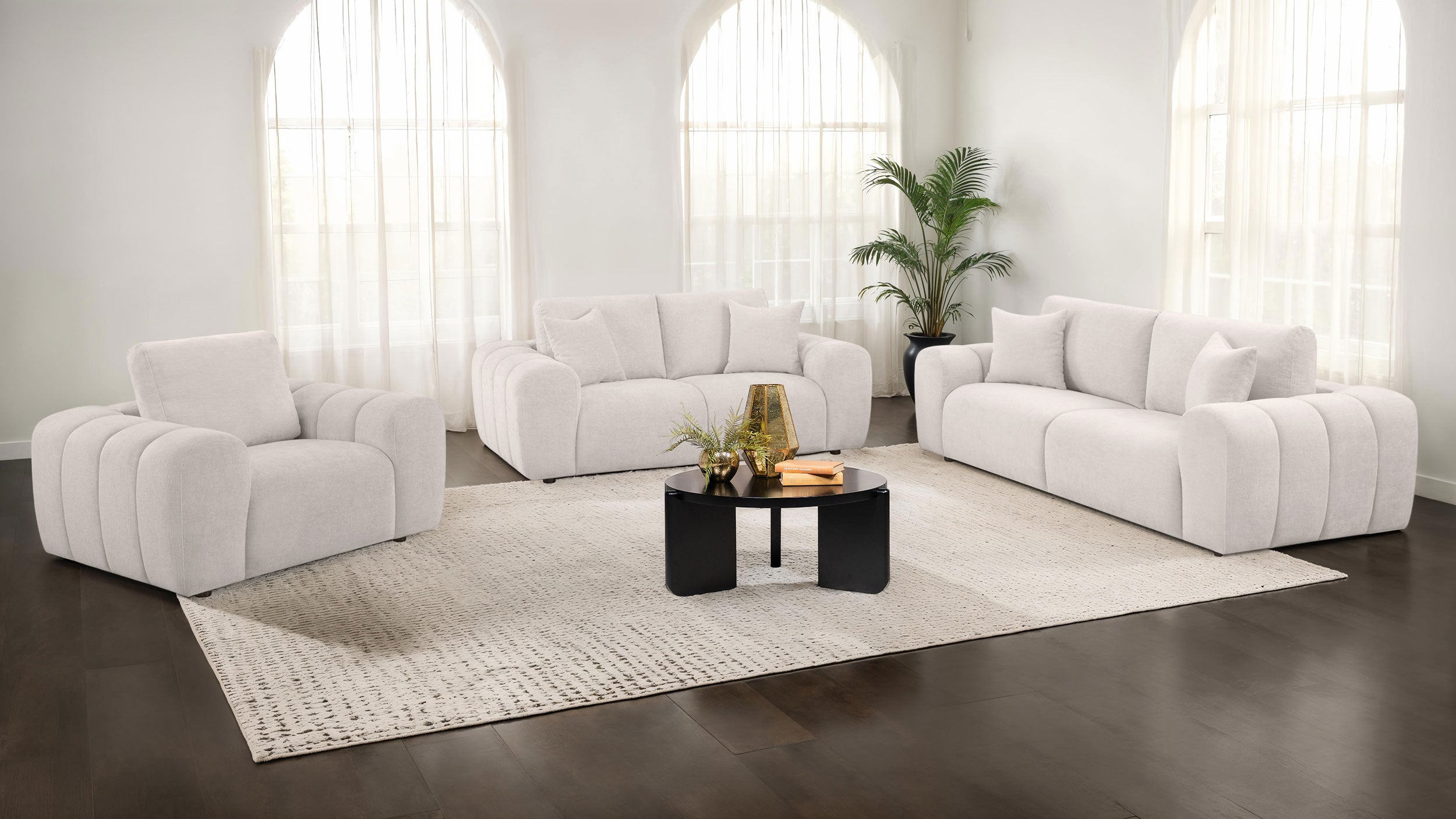 Burnett Contemporary 3-Piece Ivory Chenille Sofa, Loveseat and Chair Set