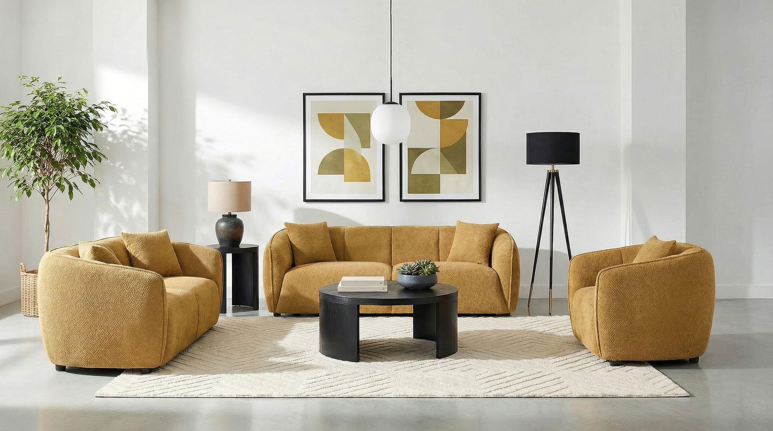 Aleisha Mustard Yellow Fabric 3-Piece Sofa Set