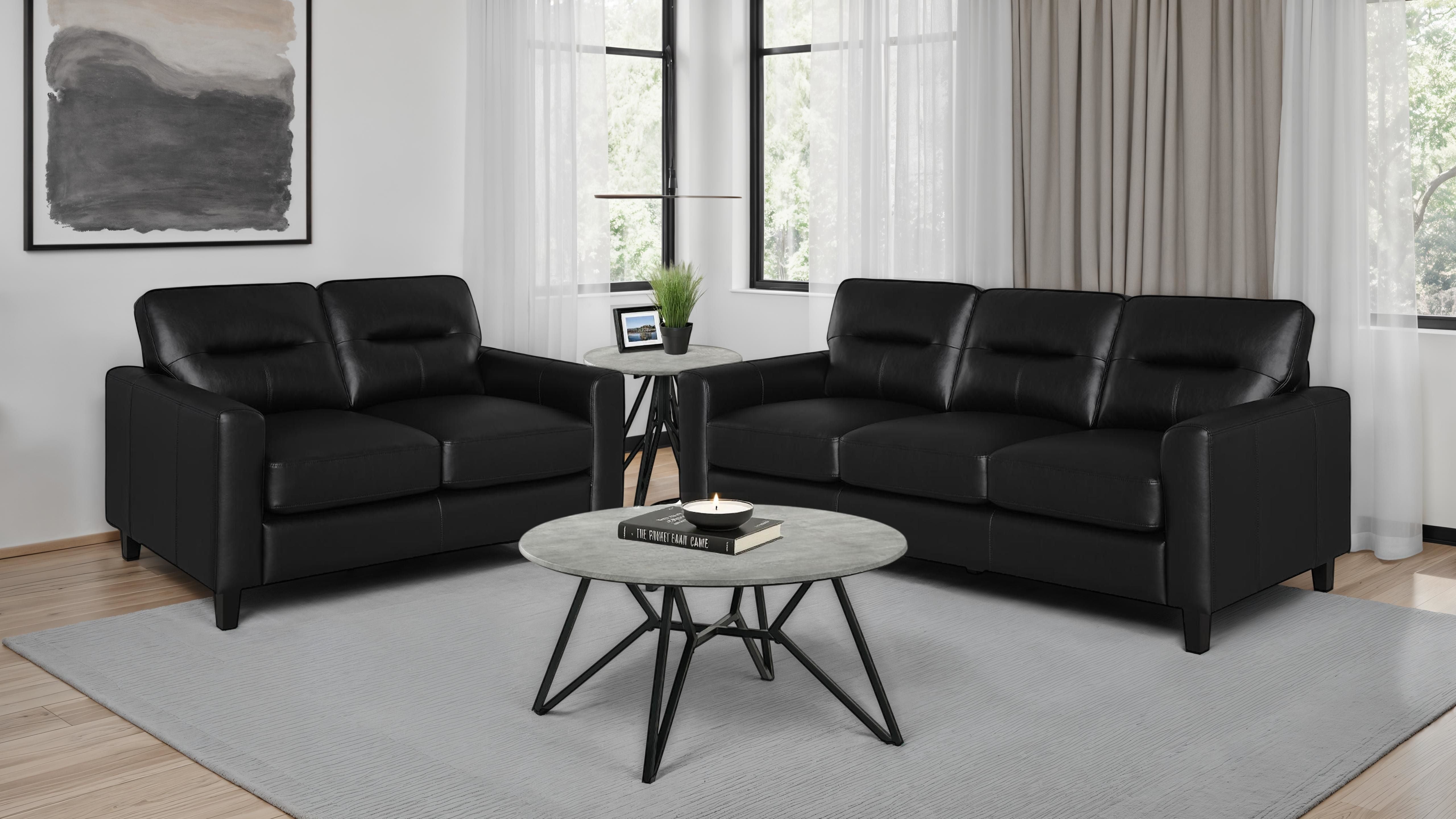 Scotland Transitional 2-Piece Black Leatherette Sofa and Loveseat Set