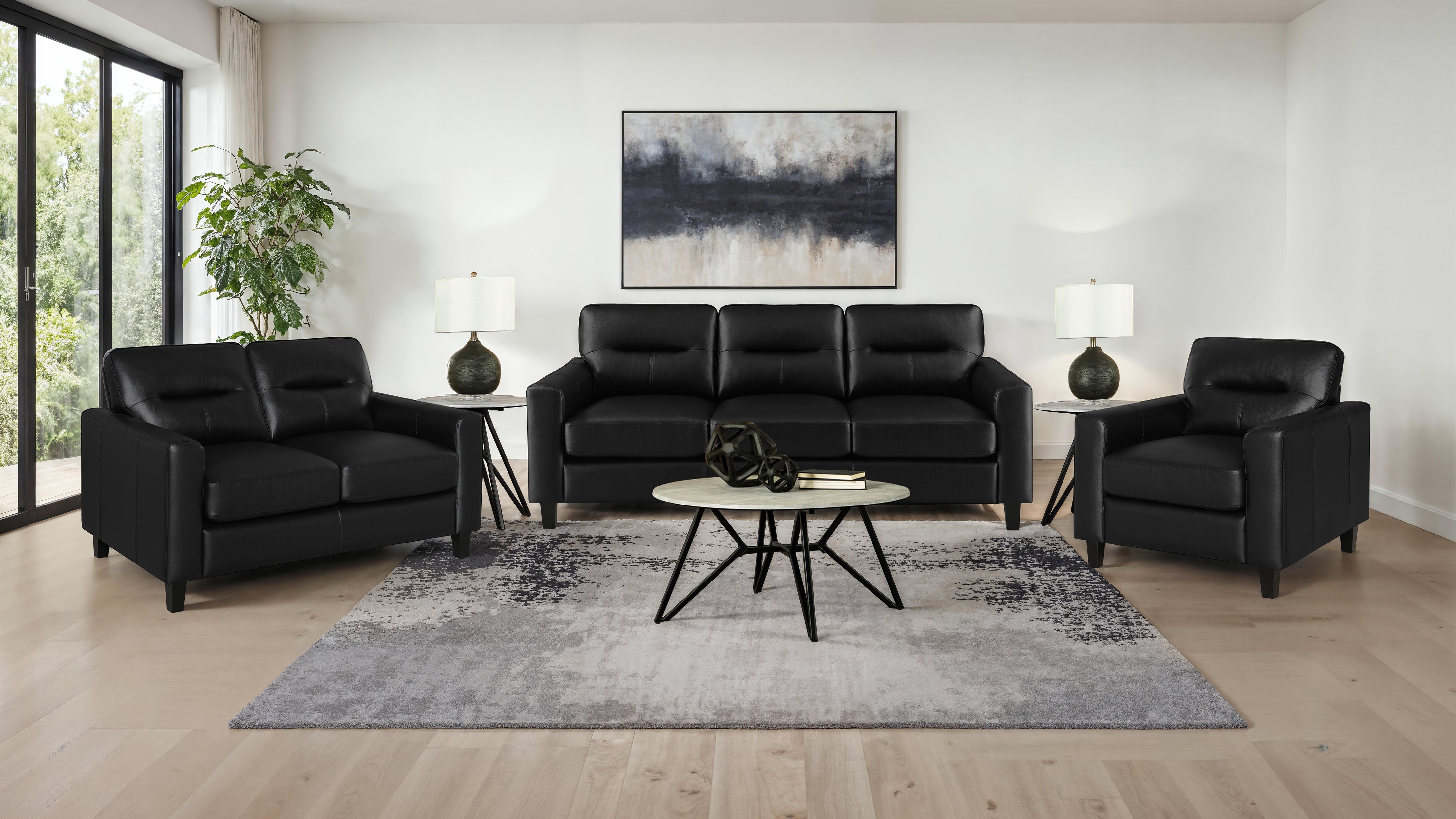 Scotland Transitional 3-Piece Black Leatherette Sofa, Loveseat and Chair Set