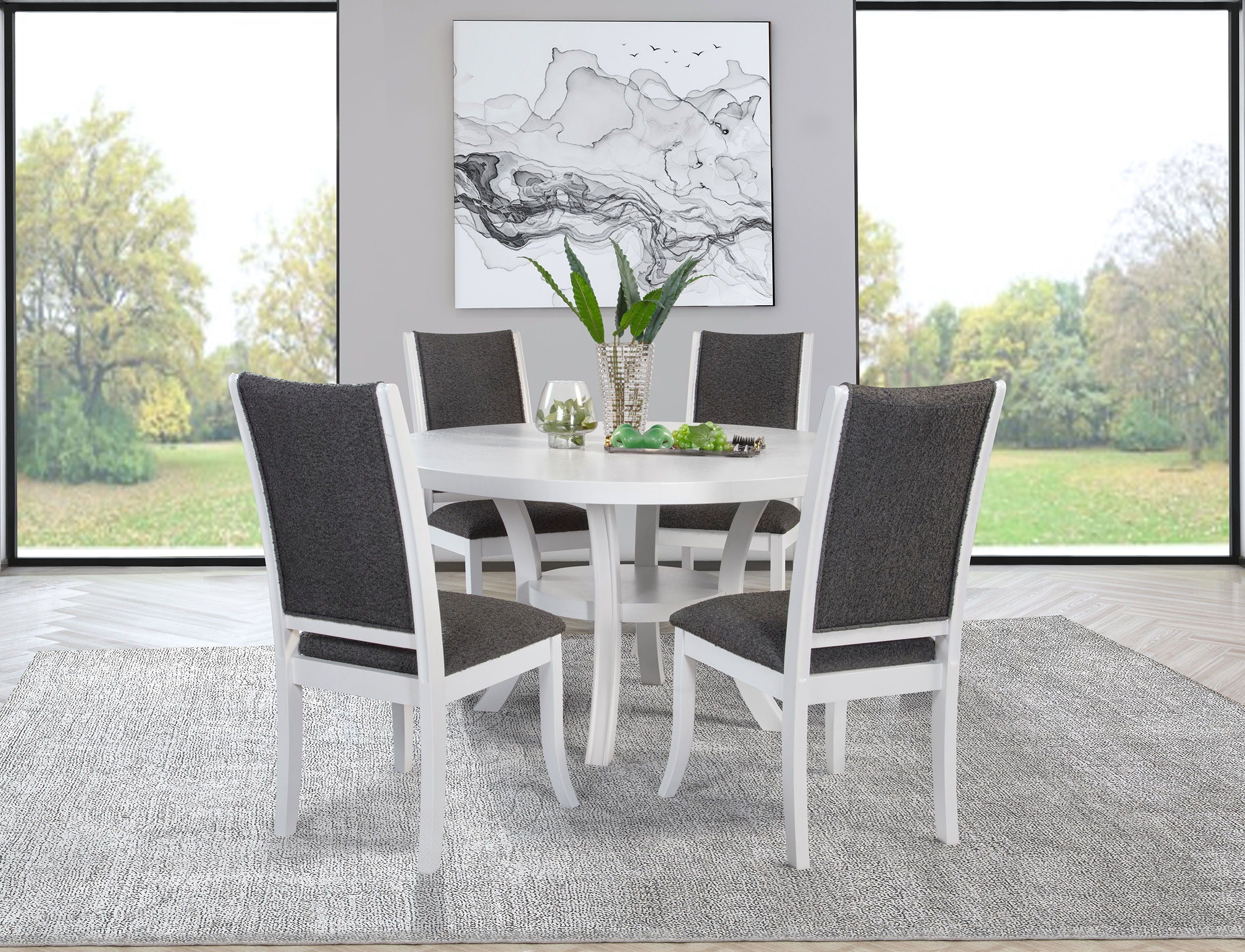 Judd Round Dining Table Set – Pearl White Table with Dark Gray