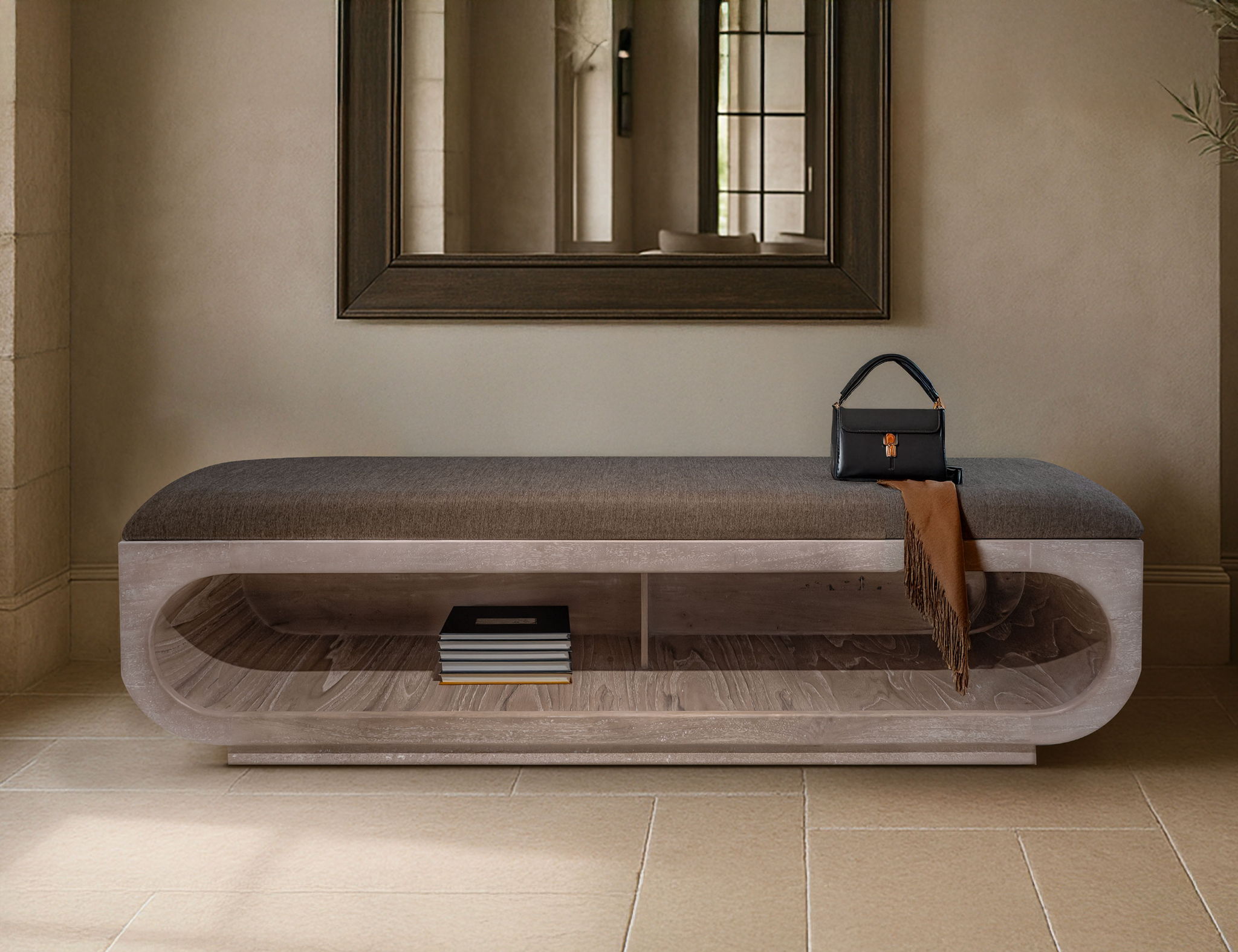 Balam Wooden Bench with Fabric Cushioned Seat in Ivory White