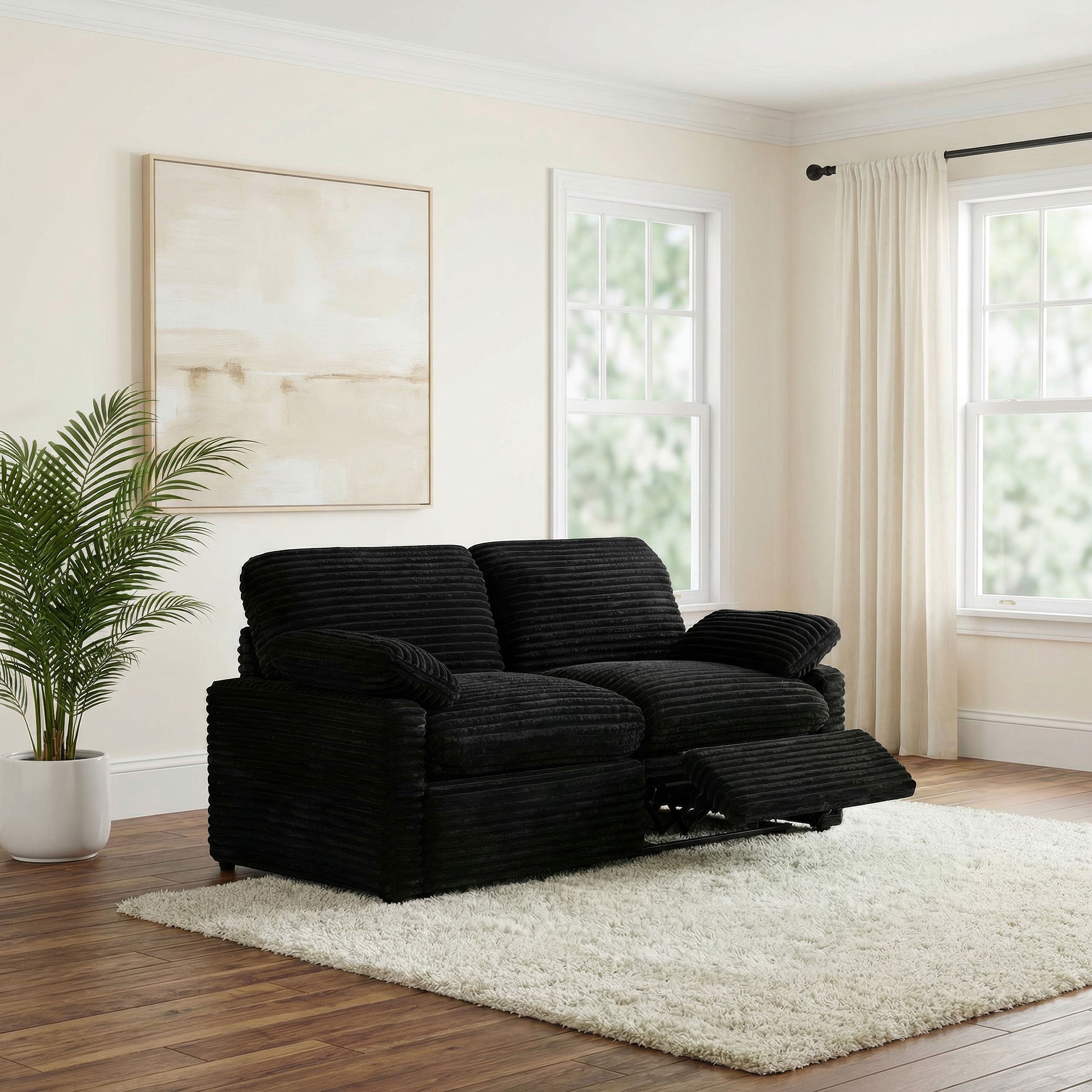 Collins Contemporary Modular Power Reclining Loveseat in Black Corduroy Fabric
