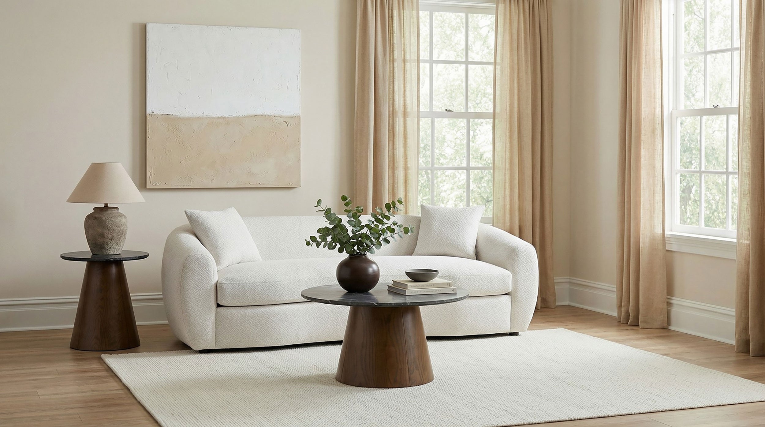 Isabella Contemporary Curved Sand Fabric Sofa with Sloped Arms