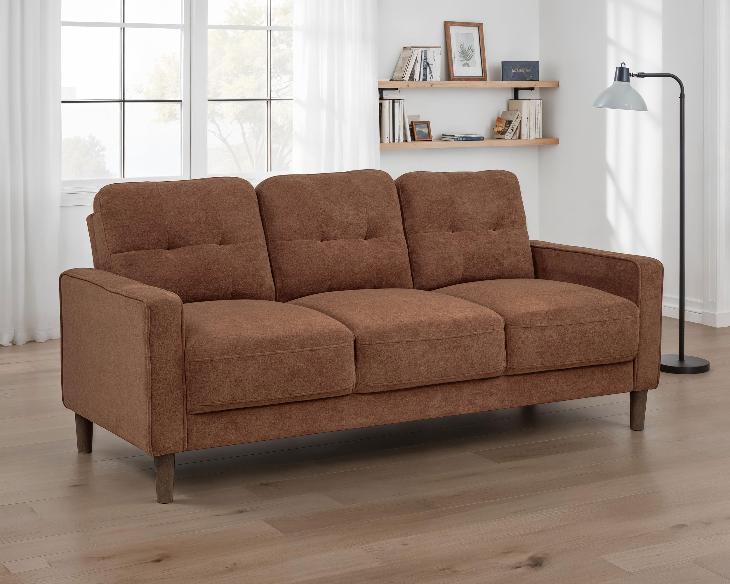 Bowen II Transitional Rust Fabric Sofa with Grid-Tufted Cushions