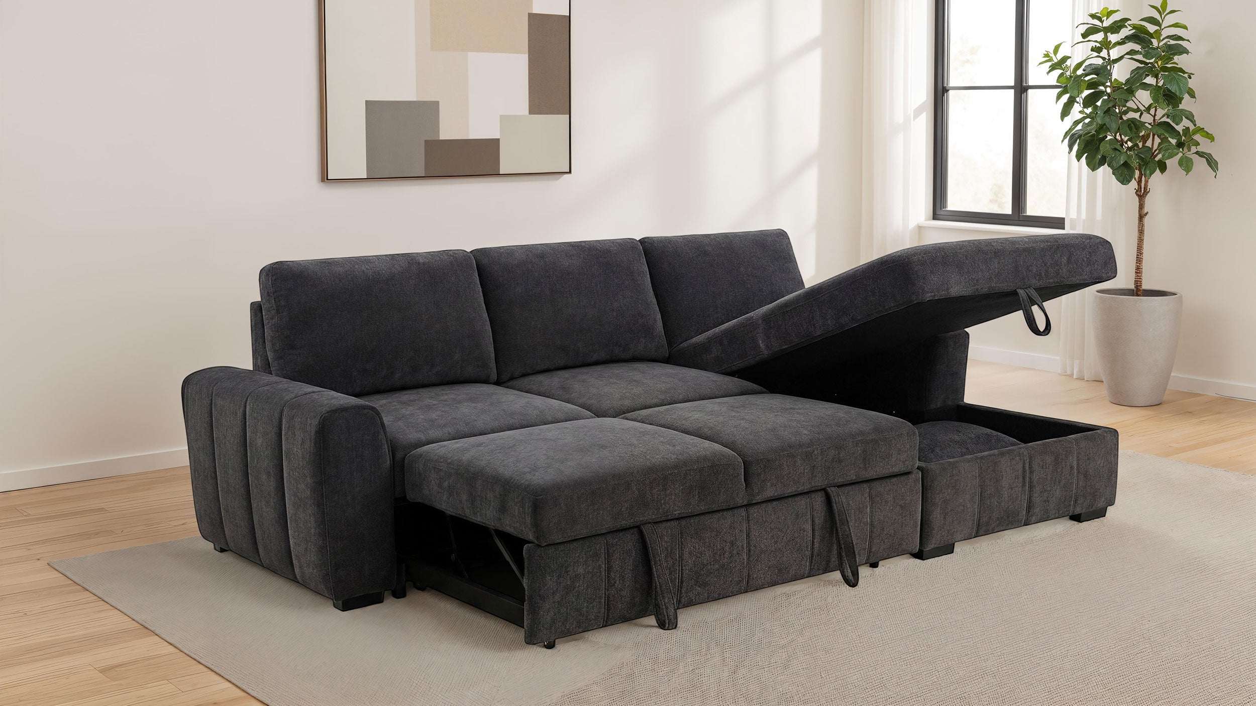 Pastrana Upholstered Sleeper Sectional Sofa – Charcoal Gray, RAF Chaise