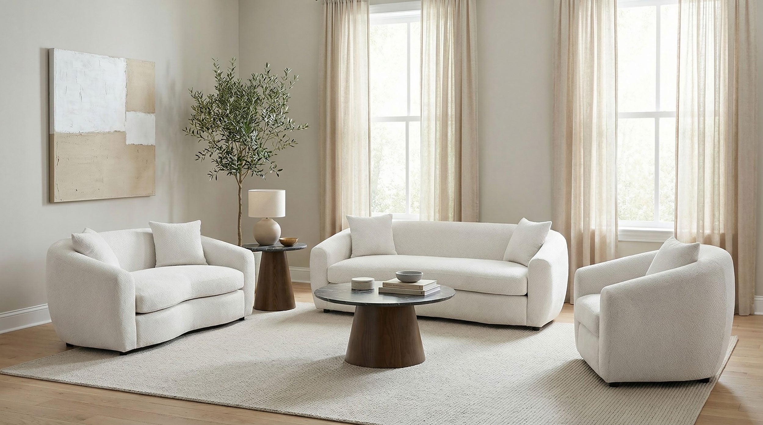 Isabella Contemporary 3-Piece Sand Fabric Sofa, Loveseat and Chair Set