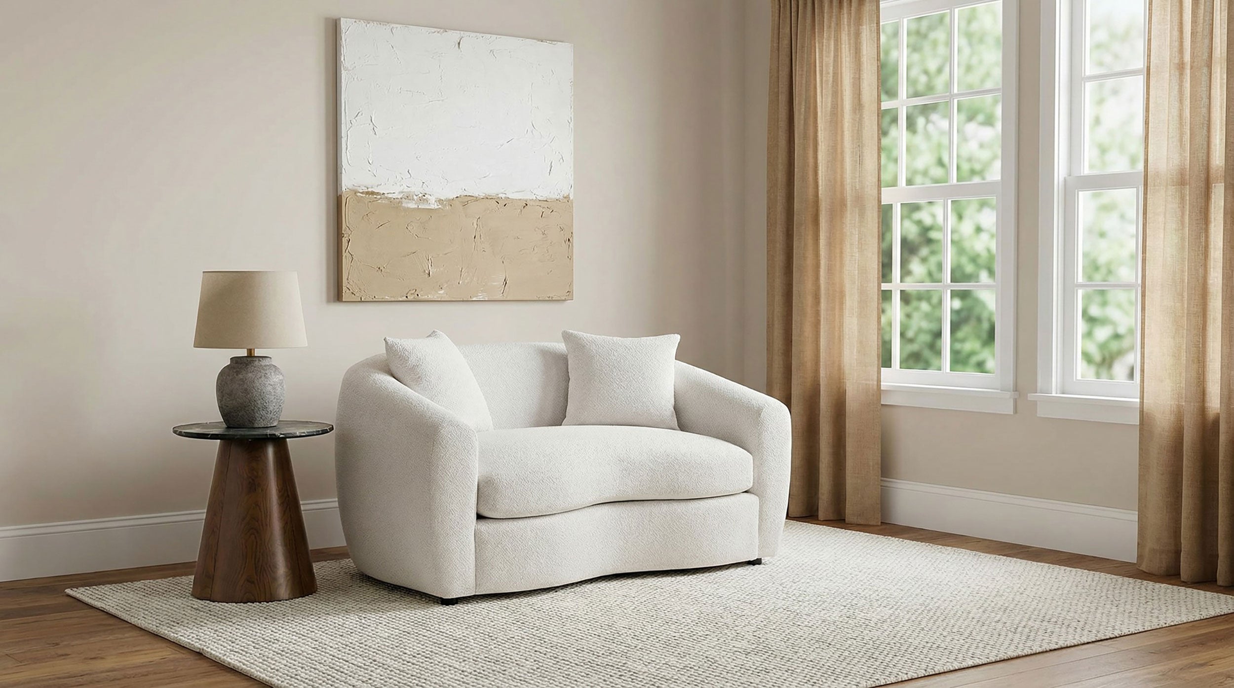 Isabella Contemporary Curved Sand Fabric Loveseat with Sloped Arms