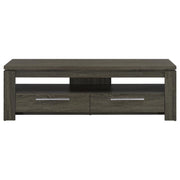 Elkton 59-inch TV stand in weathered gray with two drawers and open shelf