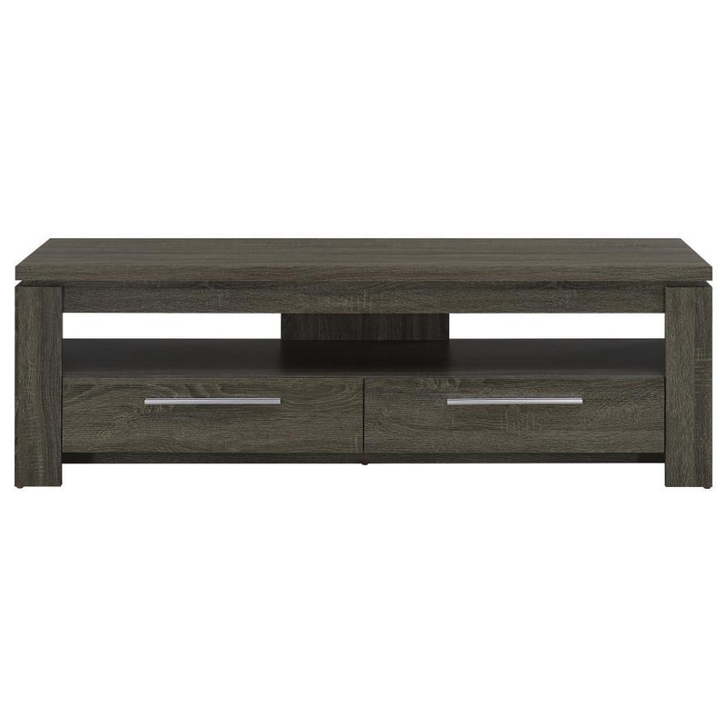 Elkton 59-inch TV stand in weathered gray with two drawers and open shelf